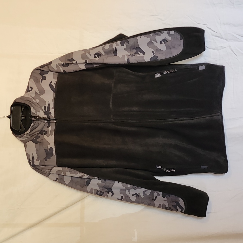 Men's PREMIER INT. Black and Black Camo Color Block Fleece Zip Up Jacket Size XL